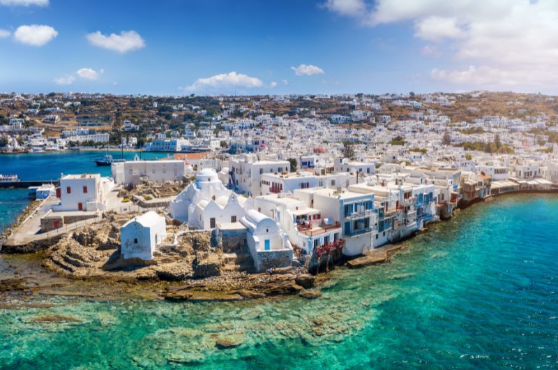 Aerial view of Paraportiani Mykonos and Little Venice coastline in Mykonos Town Greece 01-paraportiani-mykonos-aerial-view-little-venice-coast